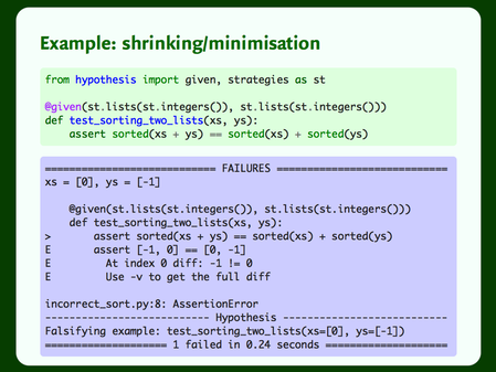 Code for a test that makes a specious assumption about integer lists, and the output from a failing test.